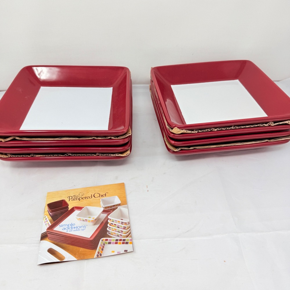 Pampered Chef Simple Additions Cranberry 7" Square Plates Set of 8 Red White